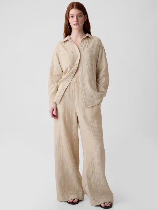 GAP Pants - GAP Bedrock Beige 100% Cotton Crinkle Gauze Pull On Wide Leg Pants, Size S